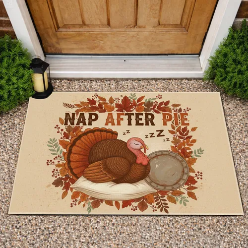 Sleeping Turkey Nap After Pie Autumn Leaves - Thanksgiving Home Decor Doormat