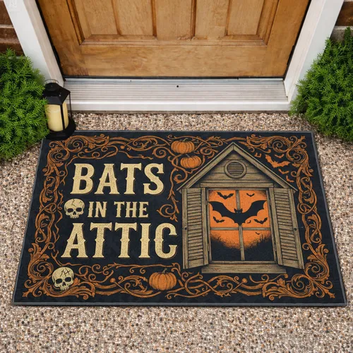 Bats Attic Window Pumpkin Skull Orange Full Moon Ornate Borders - Halloween Home Decor Gift Doormat