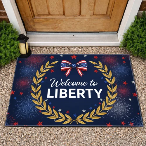 Welcome to Liberty American Flag Bow Wreath - Independence Day Home Decor Gift Doormat