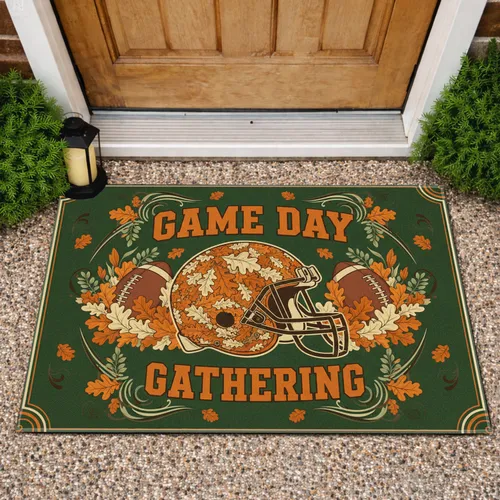 Game Day Gathering Football Helmet Autumn Oak Leaves Footballs - Farmhouse Decor Doormat