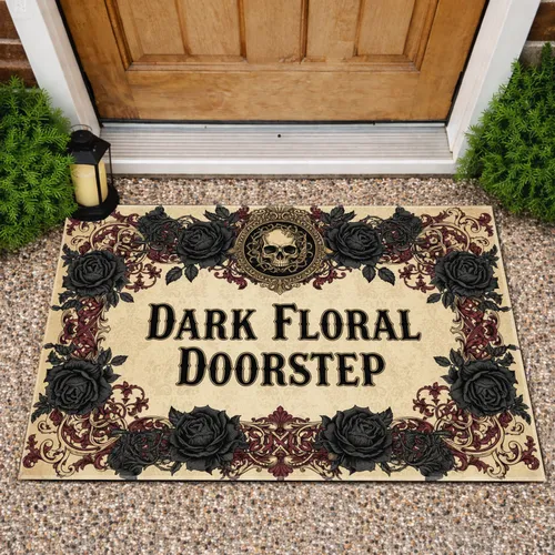 Dark Floral Doorstep Ornate Skull Gothic Roses Victorian Scrollwork - Home Decor Gift Doormat