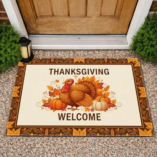 Thanksgiving Welcome Turkey Autumn Leaves - Fall Harvest Entryway Decor Doormat