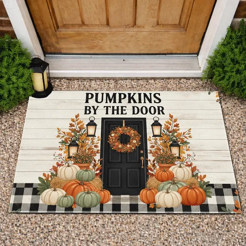 Pumpkins By The Door Autumn Wreath Black Door - Rustic Farmhouse Fall Decor Doormat
