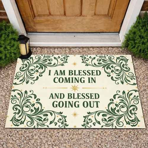 Blessed Coming Going Out Text Leafy Botanical Vines - Farmhouse Home Decor Gift Doormat