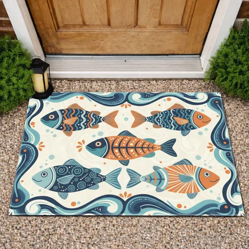 Folk Art Six Stylized Fish Wavy Water Patterns Full-Bleed Aquatic Home Decor Gift for Ocean Lovers Doormat