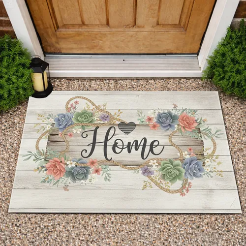 Elegant Script Home Heart Succulents Wildflowers Rustic Wood Plank - Farmhouse Home Decor Gift Doormat
