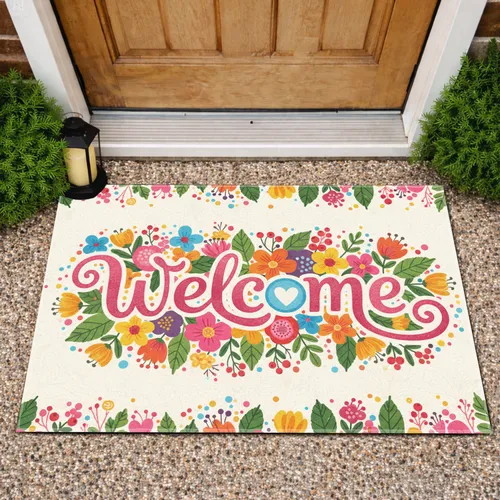 Welcome Heart Scroll Blooming Flowers Leaves Berries Dots - Entryway Home Decor Gift Doormat