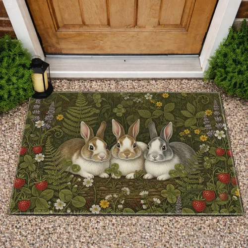 Three Realistic Rabbits Wild Forest Flora - Wildlife Lover Home Decor Gift Doormat