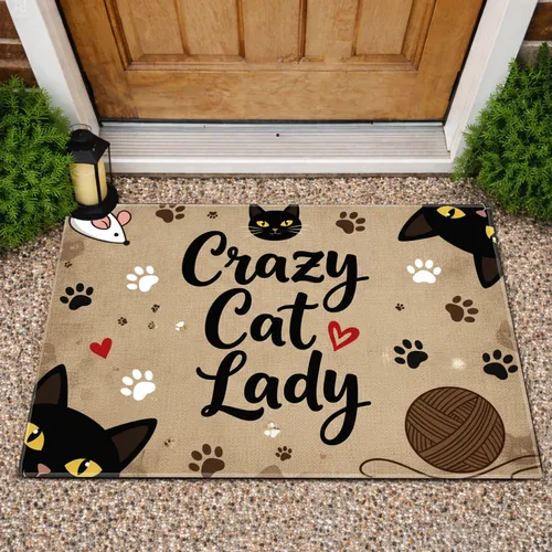 Crazy Cat Lady Black Cat Heads Paw Prints - Everyday Home Decor for Cat Lover Doormat