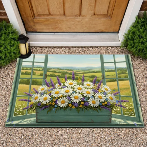 Daisies Lavender Wildflowers Window Box Countryside View - Farmhouse Home Decor Gift Doormat