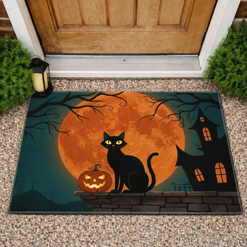 Black Cat Jack-o'-Lantern Moon Haunted House - Halloween Decor Doormat