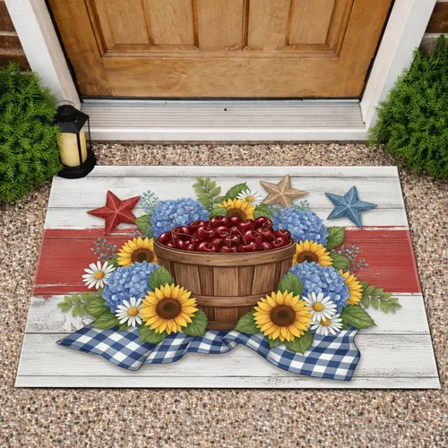 Cherry Bushel Basket Hydrangea Sunflowers Americana Stars - Patriotic Farmhouse Decor Doormat