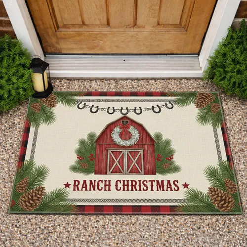 Rustic Red Barn Wreath Ranch Christmas - Farmhouse Holiday Decor Doormat