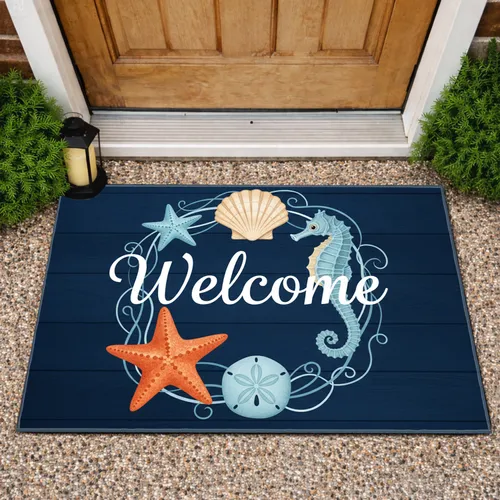 Welcome Sea Creatures Starfish Seahorse Nautical - Coastal Home Decor Gift for Ocean Lover Doormat