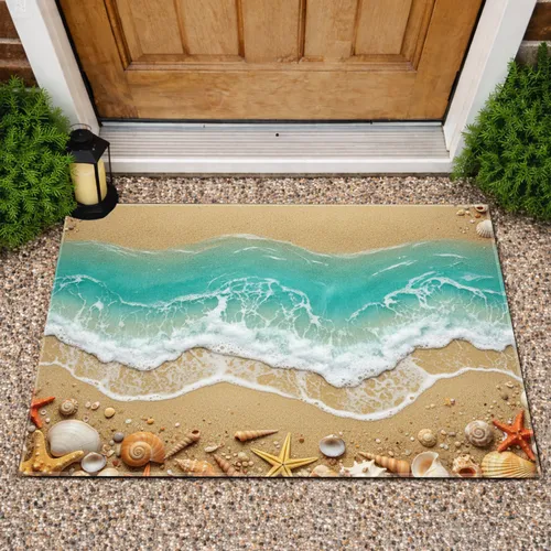 Vibrant Turquoise Ocean Waves Sandy Beach Shoreline Seashells Starfish - Home Decor Gift Doormat
