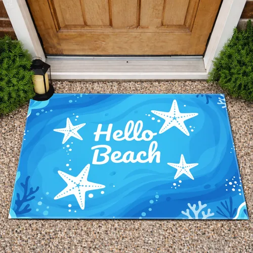 Hello Beach Starfish Ocean Waves Marine Plant Coral Seaweed Beach House Entryway Decor Gift Doormat