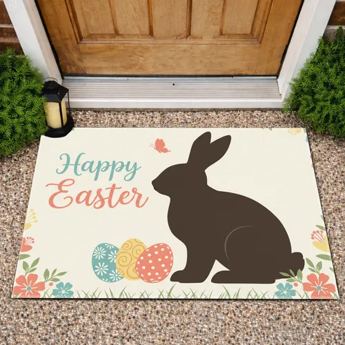 Easter Bunny Happy Easter Eggs Spring Flowers - Farmhouse Holiday Decor Doormat