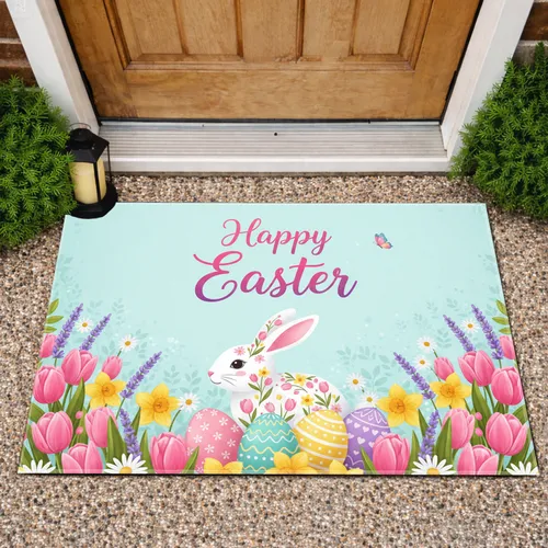 Happy Easter Bunny Eggs Spring Garden - Easter Holiday Home Decor Doormat