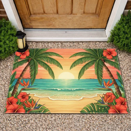 Tropical Beach Sunset Palm Trees Ocean Waves - Home Decor Gift Doormat