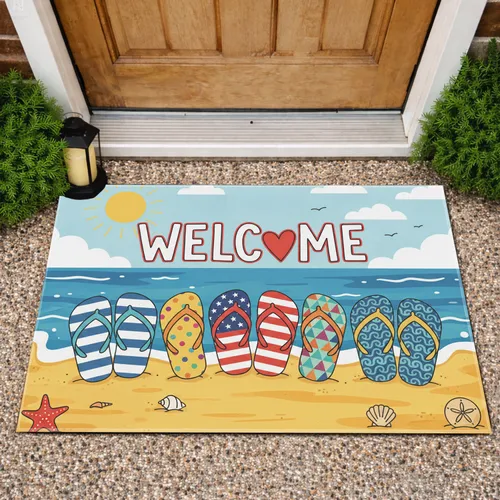Welcome Flip Flops Sandy Beach Ocean Sun - Summer Home Decor Gift Doormat