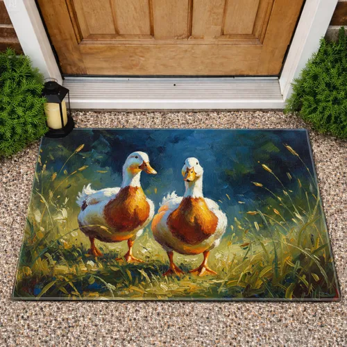 White Golden Orange Ducks Marsh Reeds - Nature Inspired Home Decor Gift Doormat