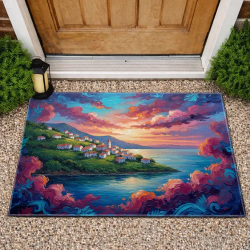 Village Green Hillside Water Sunset Clouds Landscape - Home Decor Gift Doormat