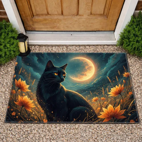 Black Cat Glowing Eyes Crescent Moon Wild Grass Twilight Sky - Home Decor Gift for Cat Lover Doormat