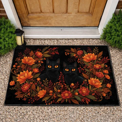 Orange Eyed Black Cats Autumn Flowers Foliage - Home Decor Gift for Cat Lover & Pet Parents Doormat