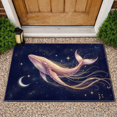 Pink Gold Whale Golden Light Crescent Moon Star Dust Cosmic Sky - Home Decor Gift Doormat