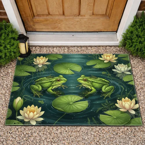 Green Frogs Lily Pads Water Lilies Aquatic Plants Pond - Wildlife Lover Home Decor Gift Doormat