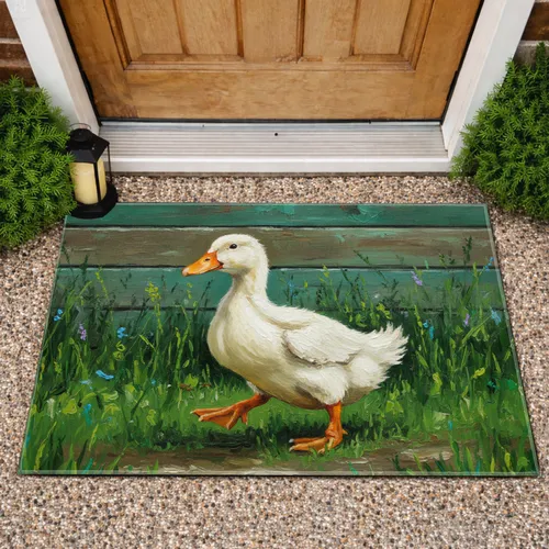 Fluffy White Duckling Walking Pose Rustic Wood Pasture - Wildlife Lover Home Decor Gift Doormat