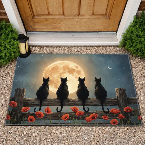 Black Cats Full Moon Poppies Rustic Wooden Fence Night Sky Home Decor Gift for Cat Lover Doormat