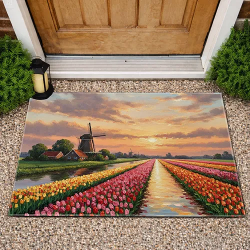 Dutch Tulip Field Windmill Canal Houses - Home Decor Gift for Garden Lover Doormat