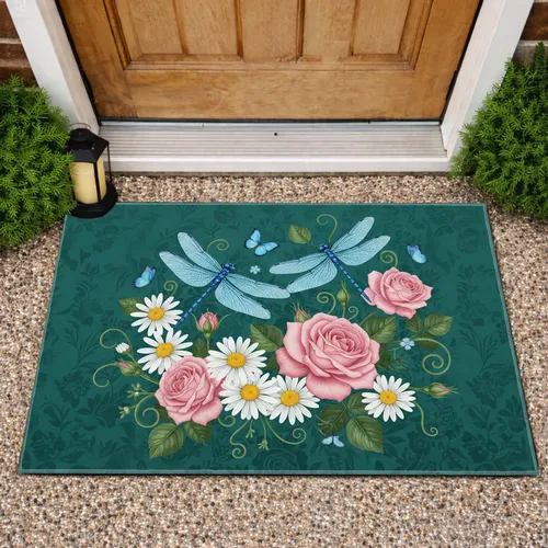 Blue Dragonflies Pink Roses White Daisies Floral - Garden Lover Home Decor Gift Doormat