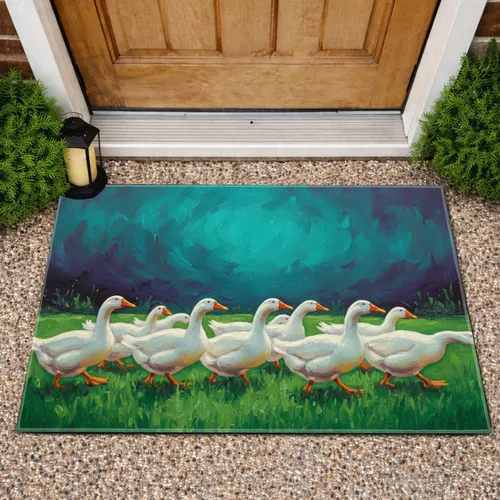 White Geese Grassy Field Swirling Sky - Wildlife Lover Gift Doormat