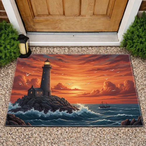 Majestic Stone Lighthouse Cliff Frothing Waves Sunset Sky - Coastal Home Decor Gift Doormat