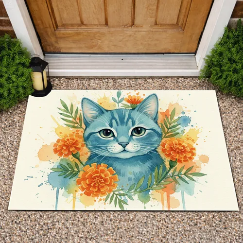 Blue Cat Marigold Botanical Floral - Home Decor Gift for Cat Lover Doormat