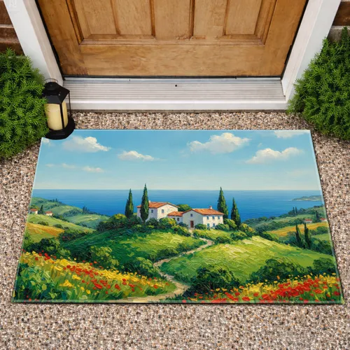 Mediterranean Coastal Landscape White Stucco Houses Wildflower Hills Home Decor Gift Doormat