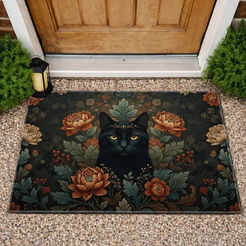 Black Cat Golden Eyes Botanical Foliage - Home Decor Gift for Cat Lover Doormat