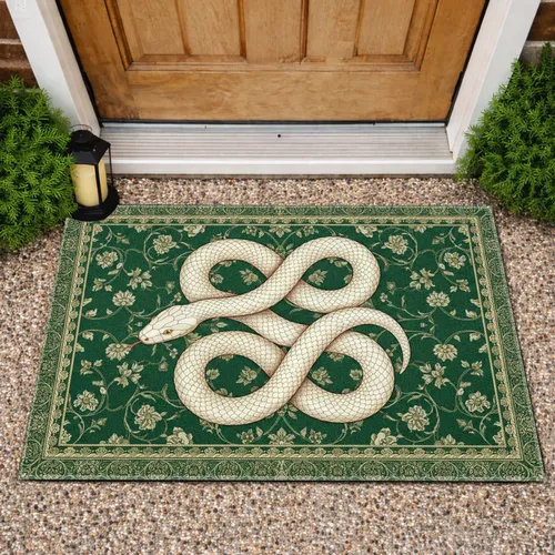 Coiled Rope Snake Emerald Green Floral Leaf Cream Gold Braided Border - Home Decor Gift Doormat