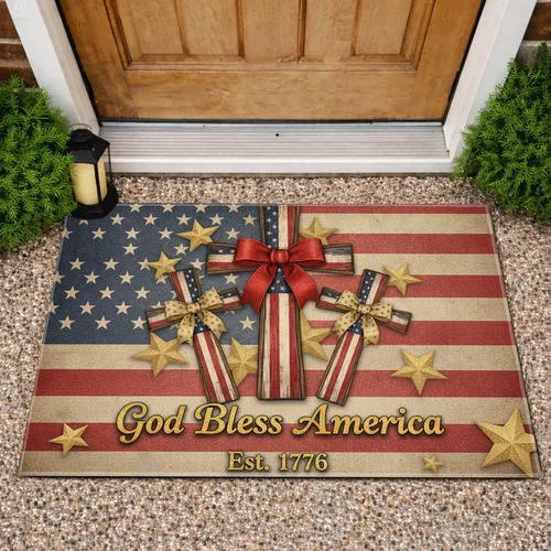 American Flag Crosses God Bless America - Independence Day Gift for Veterans Doormat