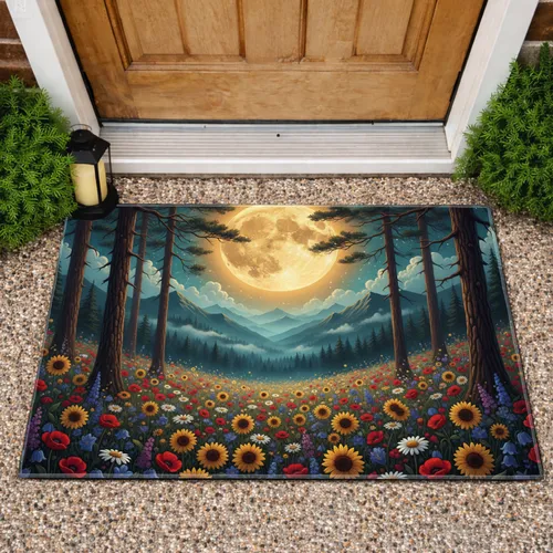 Luminous Golden Full Moon Forest Alpine Wildflowers Misty Mountains - Home Decor Gift Doormat