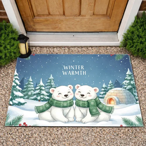Polar Bear Cubs Festive Igloo Evergreen Snow - Winter Holiday Home Decor Gift Doormat
