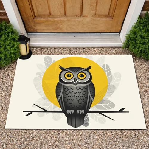 Perched Owl Yellow Circle Branch - Home Decor Gift for Owl Lovers & Bird Watchers Doormat