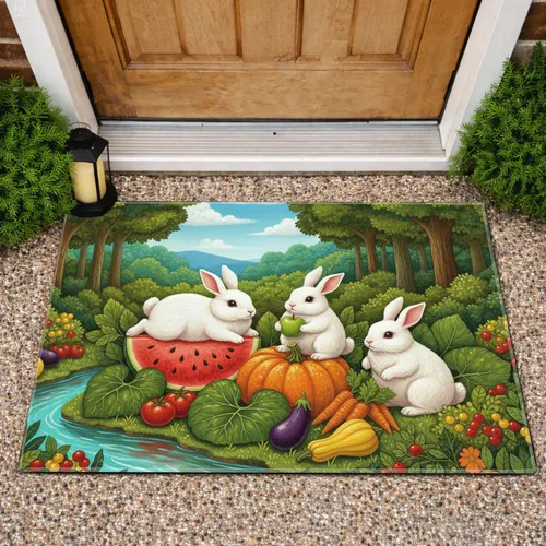 White Rabbits Garden Watermelon Pumpkin - Home Decor Gift for Wildlife Lover Doormat