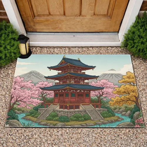 Traditional Japanese Pagoda Cherry Blossom Landscape - Home Decor Gift Doormat
