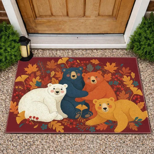 Five Bears in Autumn Foliage with Berries and Floral Accents - Fall Home Decor Gift Doormat