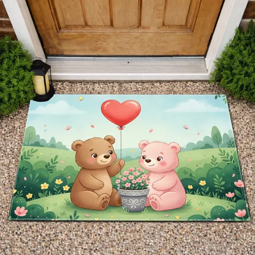 Brown Pink Bears Red Heart Balloon Spring Meadow Wildflowers - Home Decor Gift Doormat