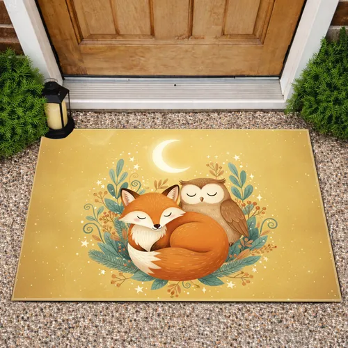 Sleeping Fox Owl Crescent Moon Stars Forest - Home Decor Gift for Wildlife Lovers Doormat