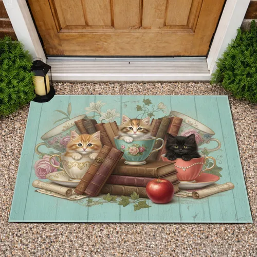 Three Kittens Teacups Books Red Apple - Home Decor Gift for Cat Lover Doormat